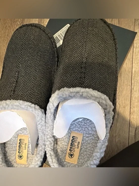 Men's Charcoal Herringbone Slip-On Mule with Plush Collar - Picture 3 of 4